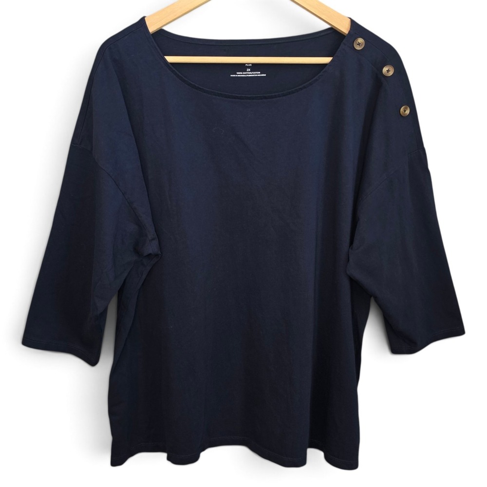 Talbots Plus Top Womens 2X Navy Blue Cotton Boatneck Shoulder Button 3/4 Sleeve